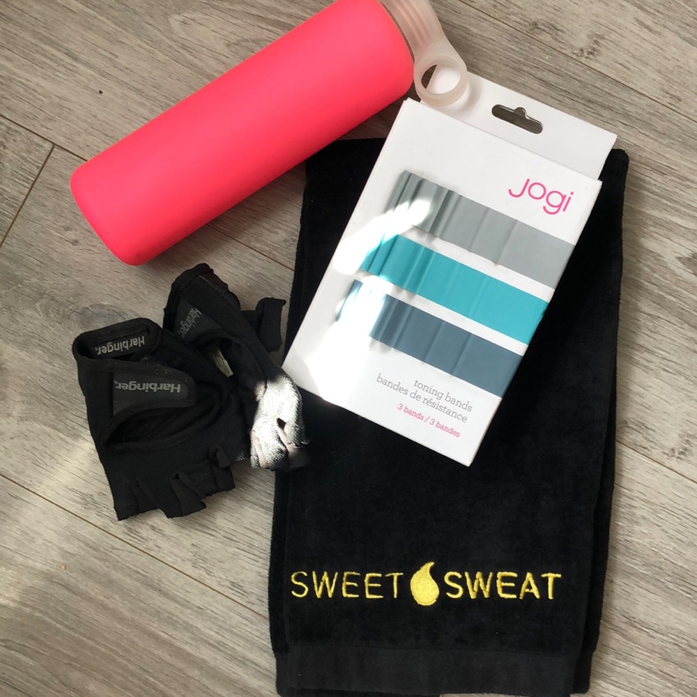 Gym package 
Glass bottle new gym 
workout gloves jogi stretch bands & towel